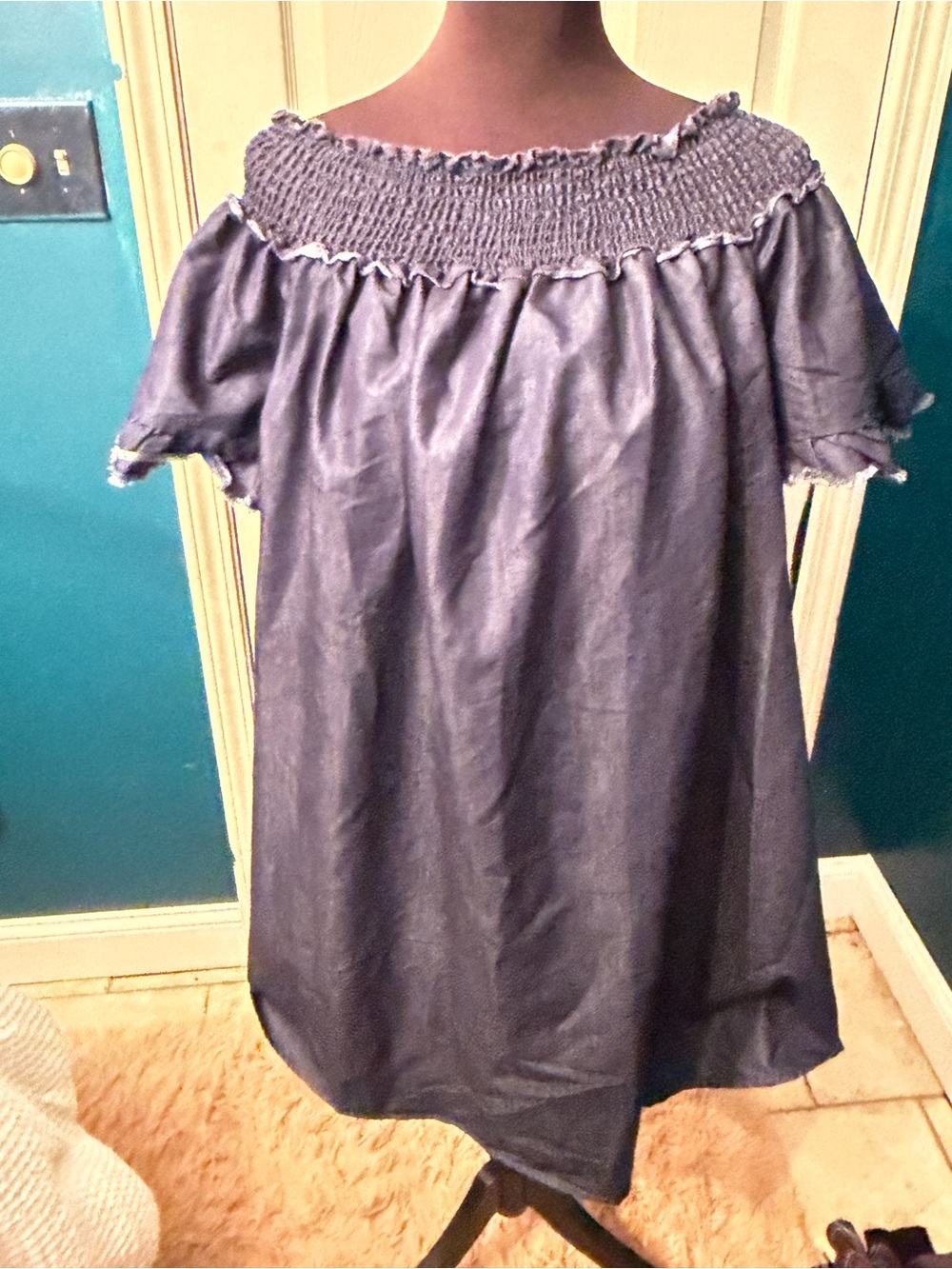 Ashley Stewart Denim Blue Smocked Neck Blouse